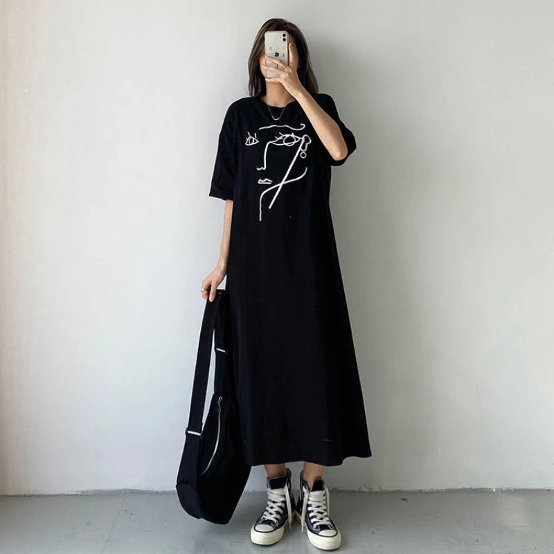 Summer Casual Loose Short Sleeve Women's Dress T-Shirt Style Knee-Length plus Size Midi Long Dress Versatile Slimming Effect