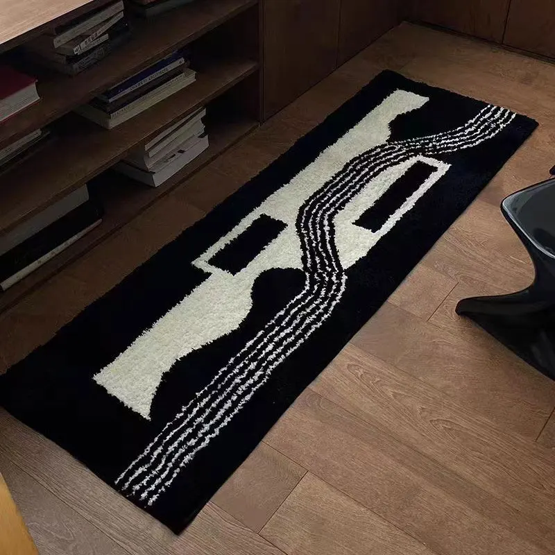 

Bedroom Carpet Bedside Long Strip Foot Mat Black And White Tufted Rug Non-Slip Living Room Fluffy Soft Floor Mat Home Decoration
