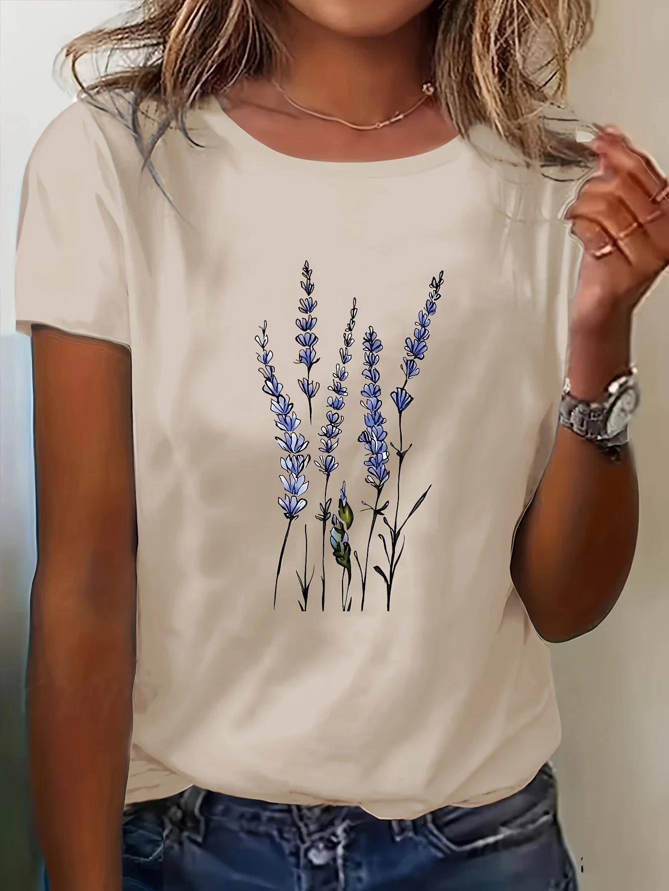 Women's Summer Casual Lavender Floral Print T-Shirt - Korean-Inspired Round Neck Short Sleeve Top Lavender Blouses