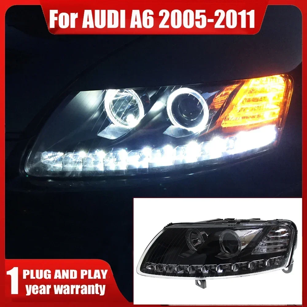

2 шт. для Audi A6L фары в сборе 2005 06 07 08-11 светодиодные дневные ходовые огни с двойной линзой, полностью светодиодные фары, передняя лампа