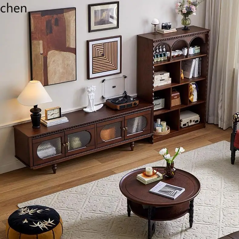 

HTT Retro Solid Wood Bookshelf Living Room TV Side Cabinet Combination Storage Display Shelf Bedroom
