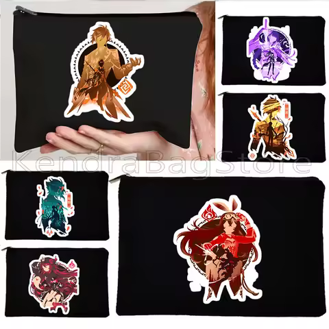 Genshin Impact Raiden Shogun Zhongli Xiao Amber Hu Tao Ganyu Venti Eula Qiqi Gifts Canvas Cosmetic Makeup Toilet Bag Case Pouch