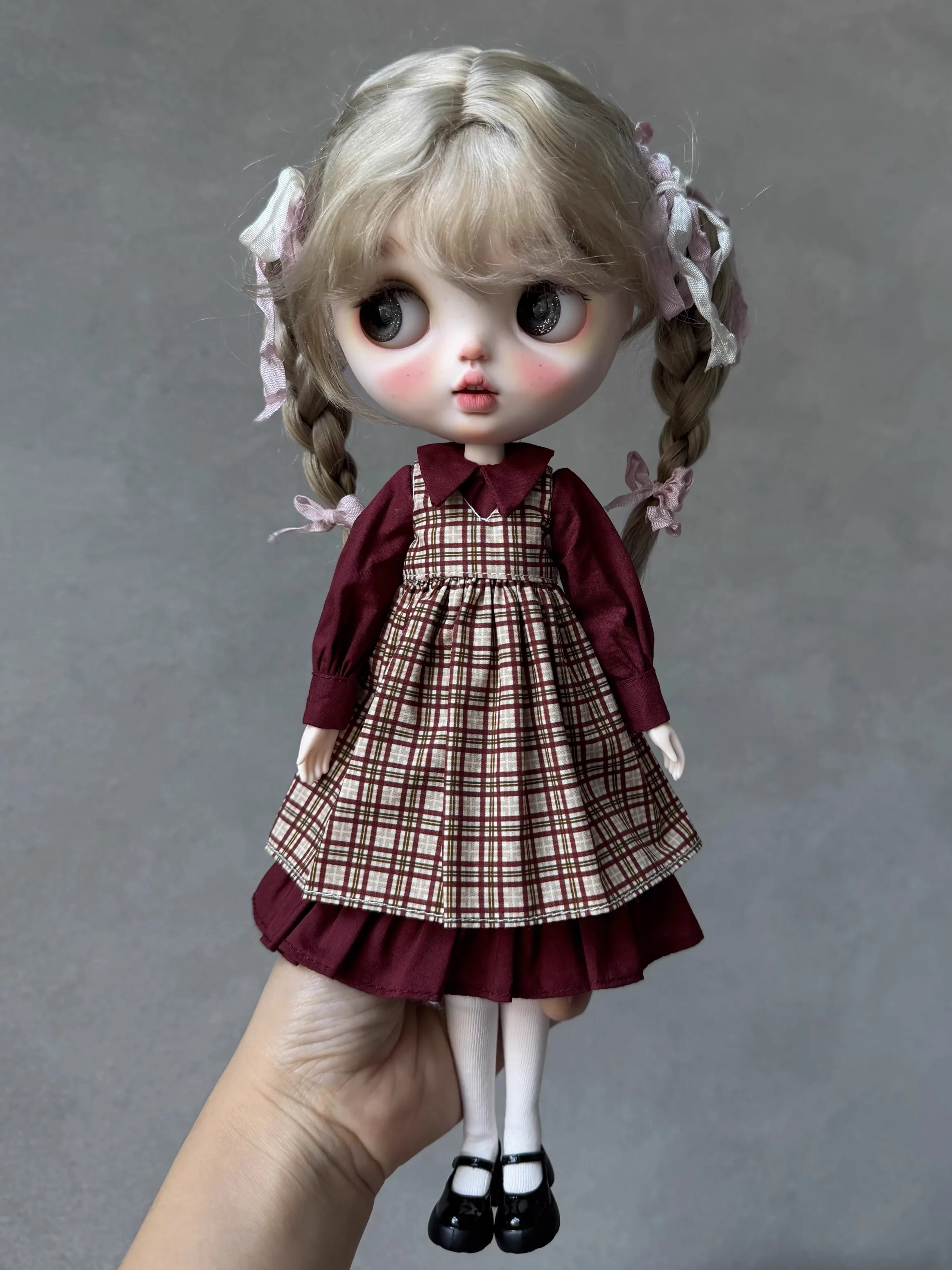 

ICY DBS Blyth Doll Clothes Accessories Retro Red Classic Plaid Dress Set For 19 Joints OB24 Azone Doll Fashion DIY Dress Up