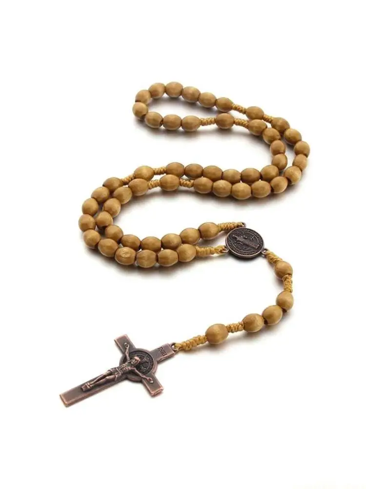QX2E Handmade Weave Benedict Antique Wooden Rosary for Cross Necklace Vintage Catholic Religious Jesus Necklace