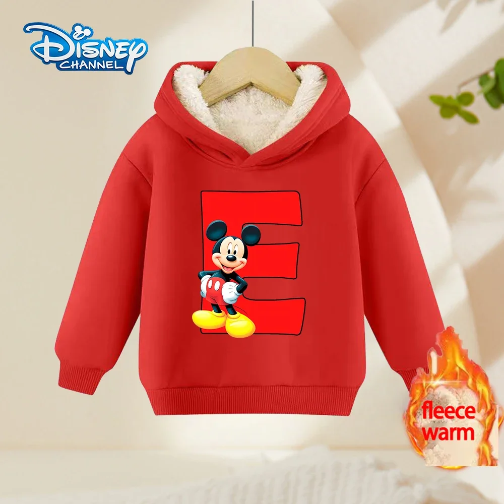 Mickey Mouse Boy Pullover Hoodies Letter A-Z Winter Thick Warm Street Clothing Hoodie Print Fitted Sweatshirt Long Sleeves Tops