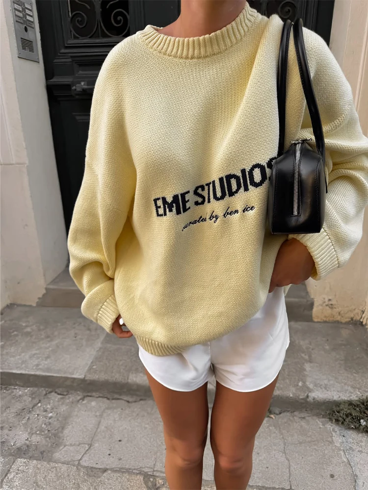 

Women Casual Knitted Oversize Sweaters Full Sleeve Round Neck Pleated Loose Top 2025 New Autumn Lady Daily Street Commute Outfit
