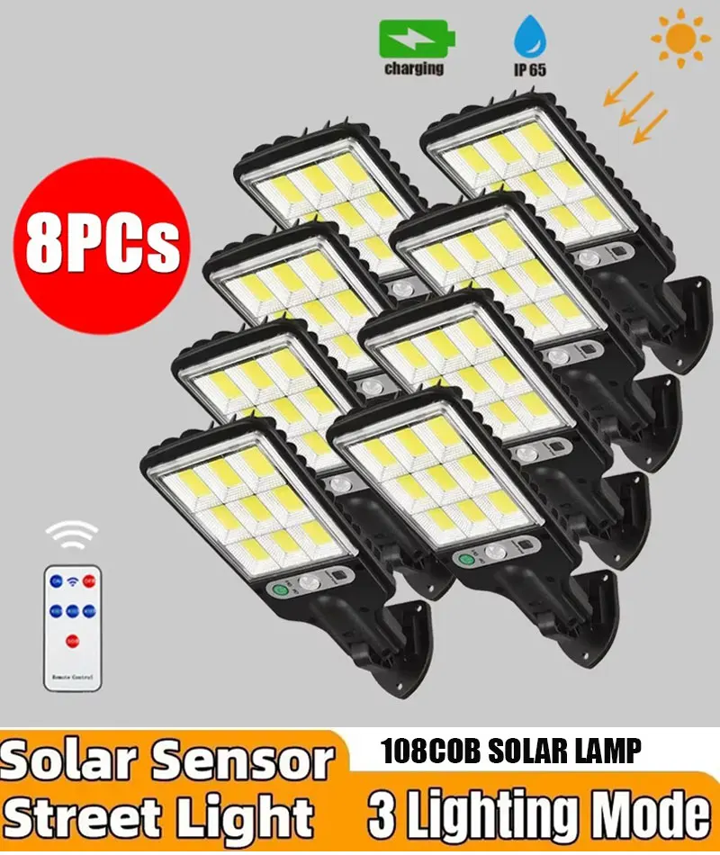 

4/6/8Pcs 108 Cob Sensor Street Light 3 Modes Outdoor Waterproof Security Solar Lamps For Garden Patio Path Remote Control Light
