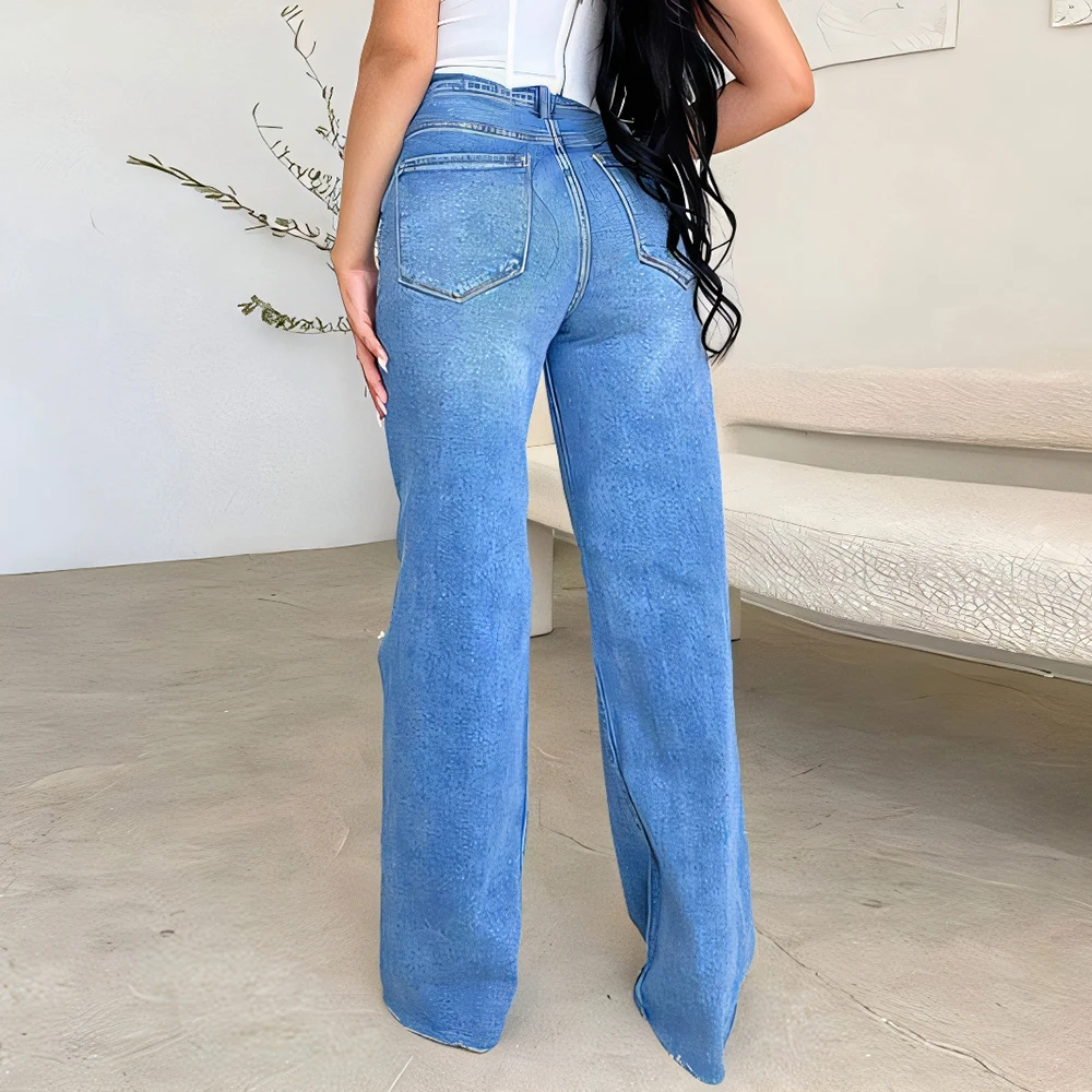 กางเกงผู้หญิงทรงตรงสไตล์สตรีทแวร์  แบบเกาหลี  ผ้าเนื้อธรรมชาติ  เอวธรรมชาติ  ขาดเซอร์ๆ  ตัดเย็บแบบเว้า  ใส่ได้ทุกฤดู  ความยาวเต็มตัว