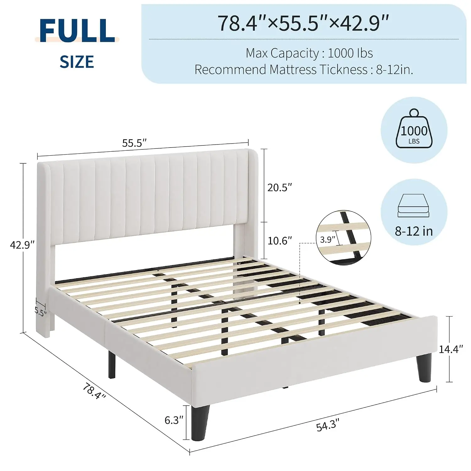 Full Size Velvet Bed Frame/Vertical Channel Tufted Wingback Headboard/Upholstered Platform Bed/Wood Slats/No Box, Customized