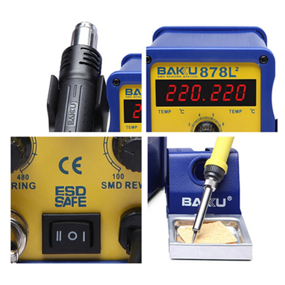 Hot Air Soldering Station Dual Digital Display Desoldering Station Brushless Fan Quiet Design BAKU 878L2