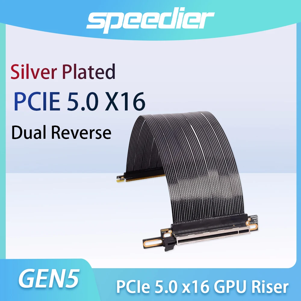 PCIe 5.0 x16 Dual Reverse GPU Riser Silver Plated Ribbon 64GB/s Lossless Gen5 Extension Cord for Mini ITX SFF PC PCIe 4.0 3.0