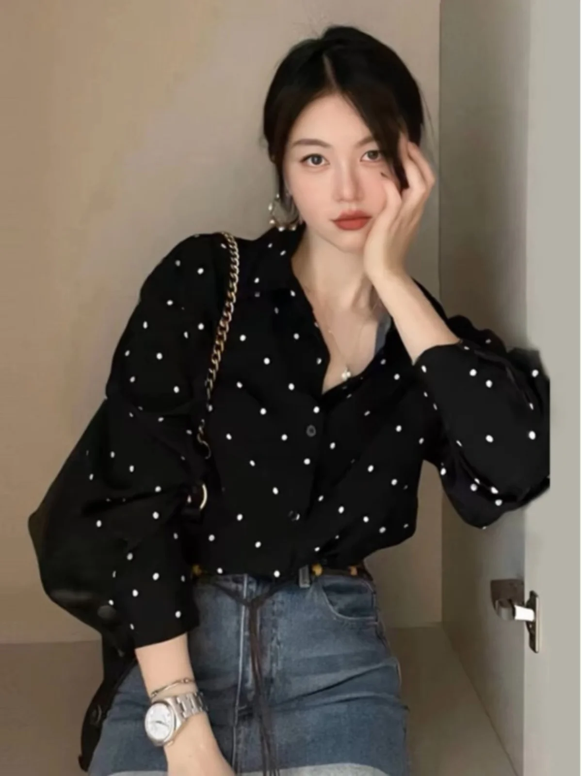 

Elegant Contrast Color Polka Dot Long Sleeve Shirt Women's Summer Loose Slimming Versatile Shirt Commute Style Regular Fit