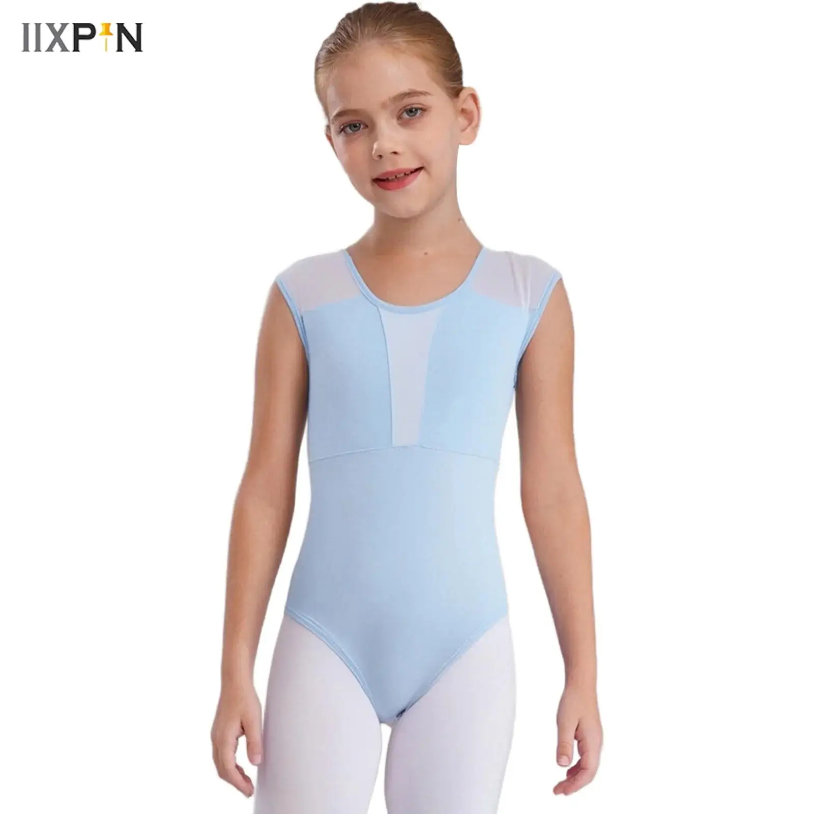 

Kids Girls Ballet Dance Leotard Round Neck Keyhole Back Press Button Crotch Sheer Mesh Patchwork Bodysuit Gymnastics Dancewear