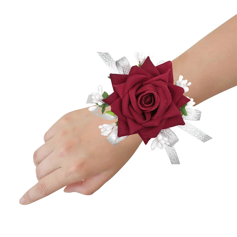 

1Pcs Red Rose Artificial Silk Wrist Corsage Wristband Bracelet for Prom Decorations Men's Wedding Floral Accessories Party Decor