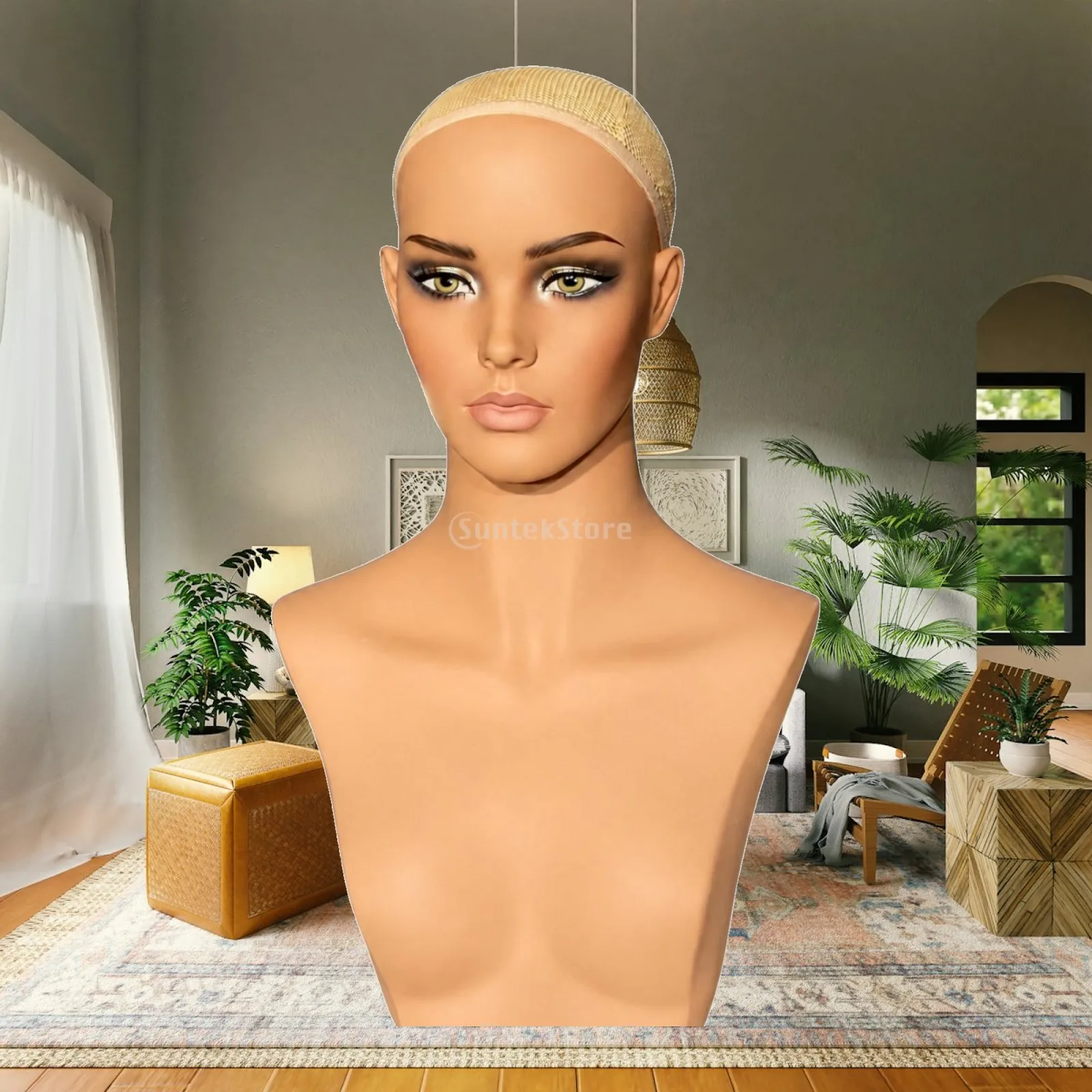 Bald Mannequin Head Display with Neck and Shoulders for Hairpiece Jewelry Retail Show