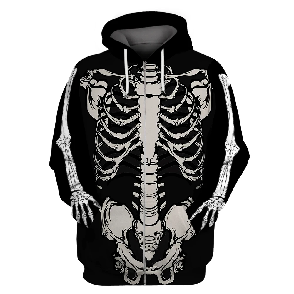 SONSPEE Skeleton Hoodies Coat For Men Halloween Costume Cosplay Awful Zipper Hoodie Women Oversized 3D Printed Fashion Clothing