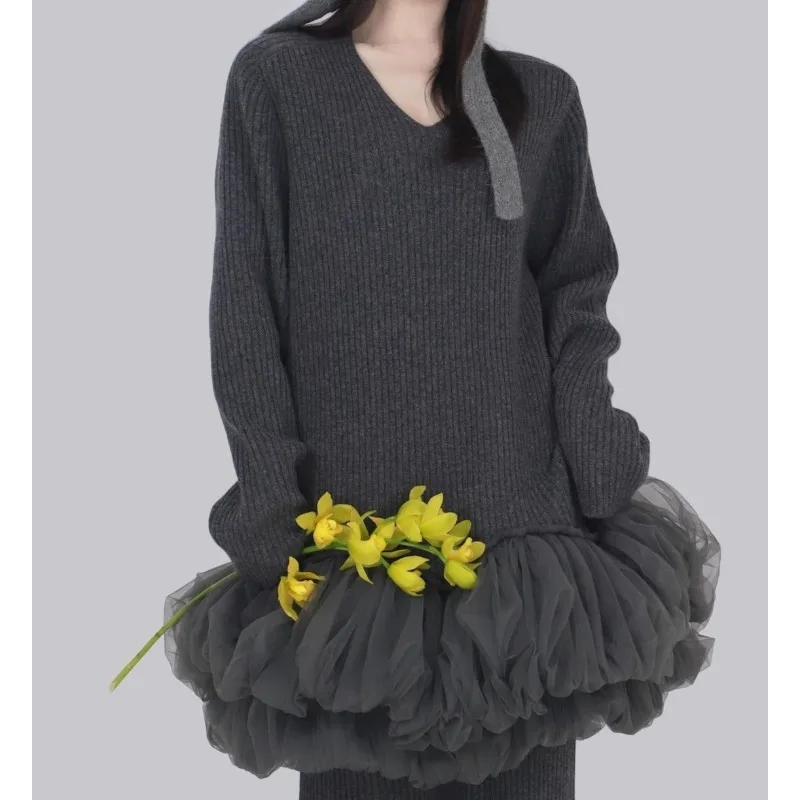 

Autumn and Winter New V-neck Splicing Mesh Dress Lazy Wind Thin Pit Strip Knitted Bud Skirt