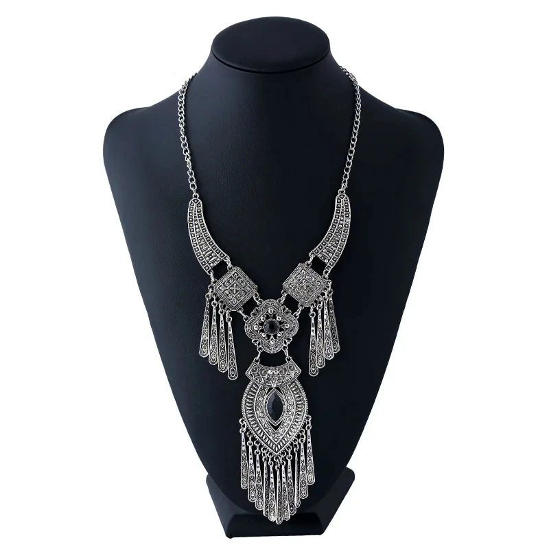 Vintage Ethnic Exaggerated Statement Necklaces Antique Silver Color Carved Water Drop Tassel Necklaces For Women Boho Jewelry