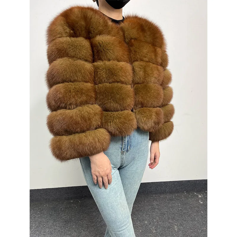 2024 Brown Natural Real Fox Fur Coat Women Winter Warm Luxury Fur Jacket Detachable Long Sleeve Female Vest Furry Coats clothing