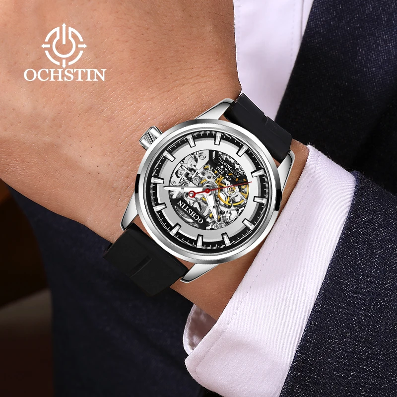 OCHSTIN Skeleton Mechanical Movement New Brand Watches Man Silicone Strap Wristwatch Men‘s Waterproof Business Watch For Male