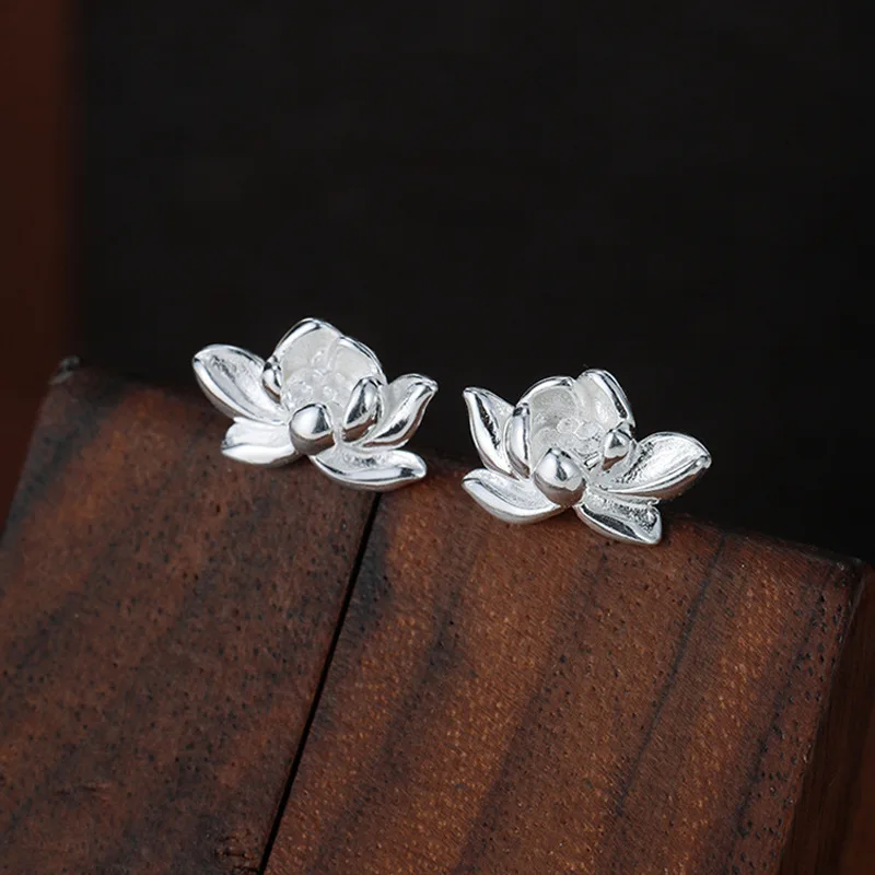 Vintage Lotus Earrings for Girls Simple Plant Korean Stud Earrings for Ladies Birthday Piercing 925 Sterling Silver Jewelry