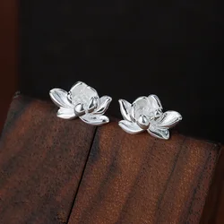 Vintage Lotus Earrings for Girls Simple Plant Korean Stud Earrings for Ladies Birthday Piercing 925 Sterling Silver Jewelry