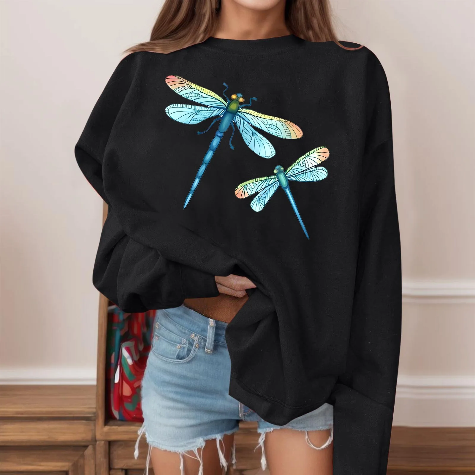 

Dragonfly Printed Womens Oversized Pullover Spring Autumn Long Sleeve Sweatshirt Teen Girls Fashion Tops Graphic Sweatshirts