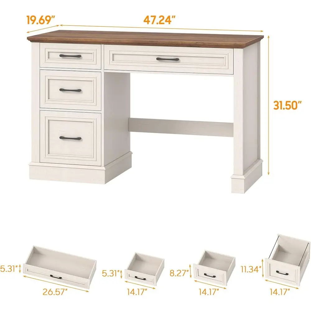 Farmhouse 47" Executive Desk with 3 Drawers and Adjustable File Drawer, Workstation Computer Desk for Home Office, Study, Unique