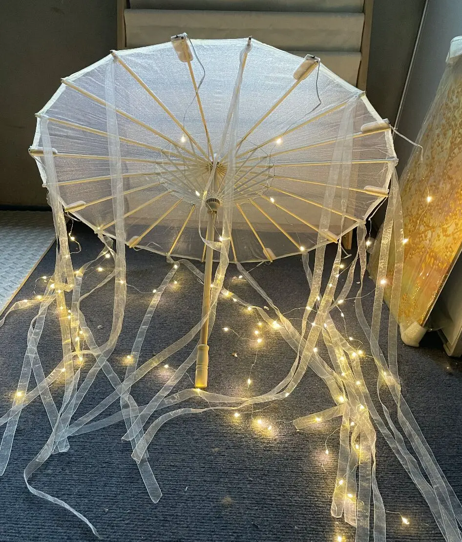 LED Chinese Japan Yarn Oiled Paper Silk Cloth Umbrella Costume Ancient Princess Umbrella Drama White Craft Umbrella Cosplay