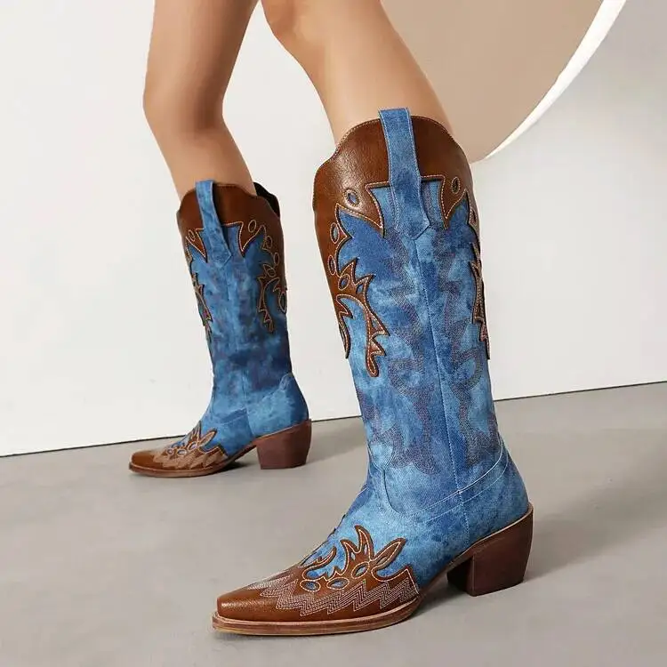

Синие женские ковбойские сапоги до колена с этническим узором и массивным каблуком