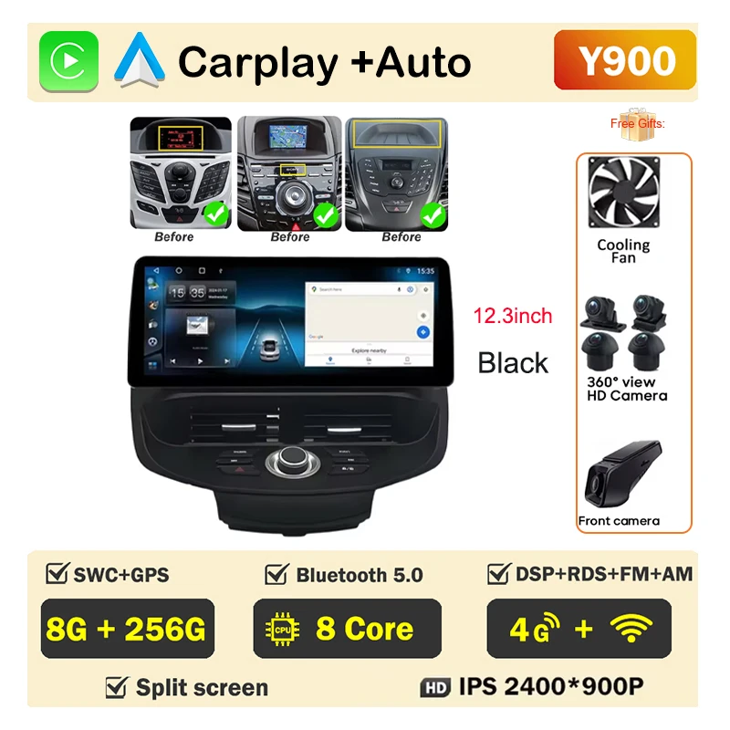 12.3 inch Car Radio For Ford Fiesta MK6 MK7 2009-2016 LHD RHD Android Multimedia Video Player GPS Wireless Carplay QLED Screen image 3