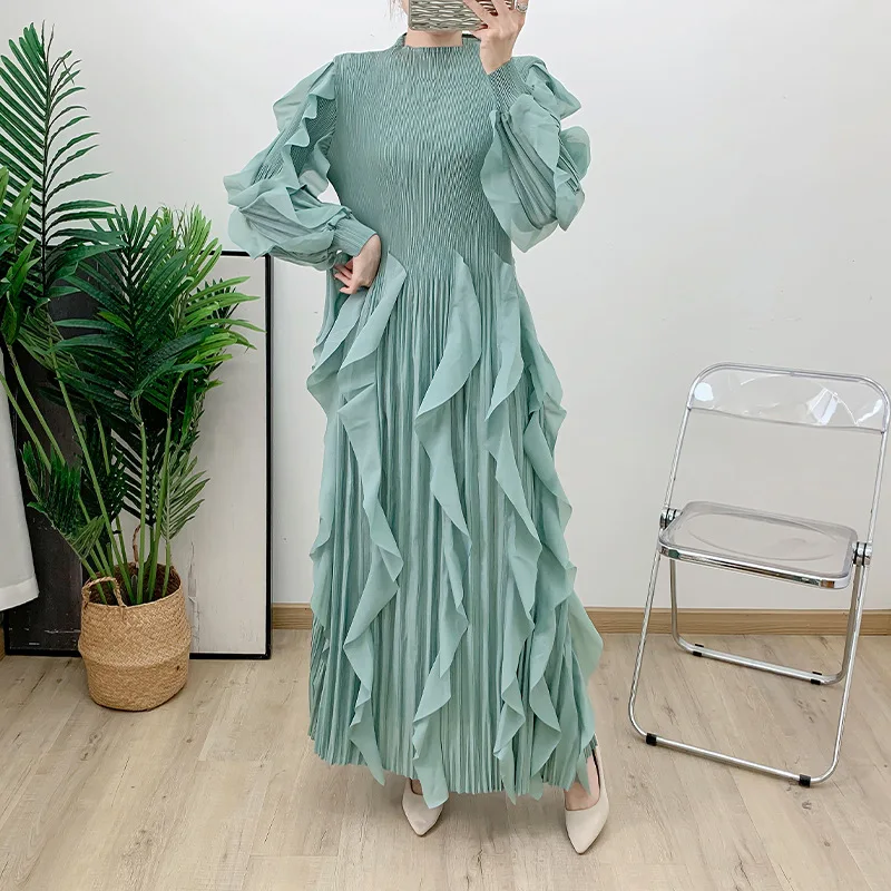 Fashion Ruffles Pleated Dress Women Round Neck Flare Sleeves Solid Maxi Belt Dresses Party 2024 Autumn New