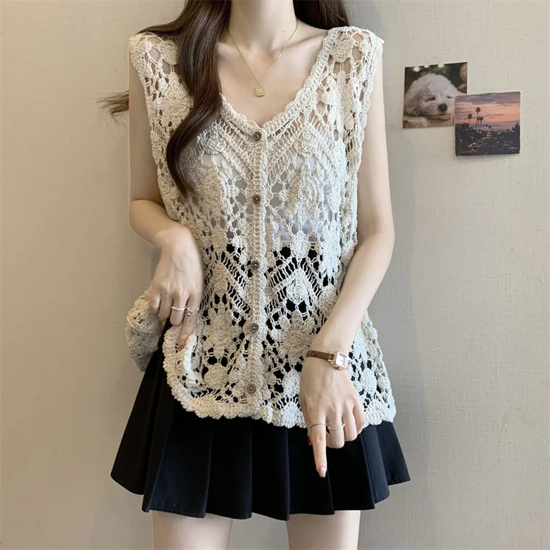 

Women's Loose V-Neck Open Cardigan Vest Summer Layering Outerwear Hollow out Heavy Embroidery Slimming Lazy Style Cover up