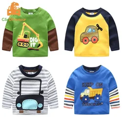 2025 Spring Autumn For 2-9 10 Years Children Cotton Striped Patchwork Cartoon Car Bus Truck Baby Kids Boys Long Sleeve T Shirts