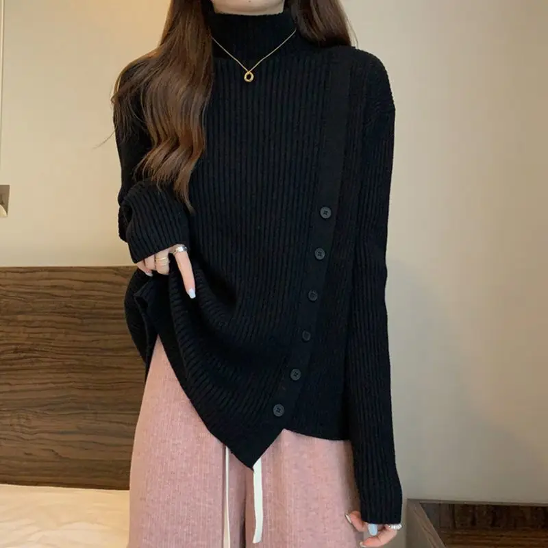 

2023 Autumn and Winter Women's Fashion Irregular Loose Half High Neck Long Sleeve Bottom Shirt Off Shoulder Knitted Sweater