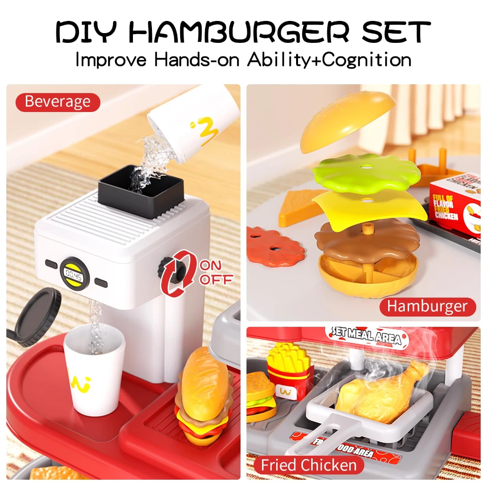 WizKidz Pretend Play Fast Food Toys Set - Cash Register Water Dispenser Hamburger Fried Chicken Egg Tart Play Money for Ages 3+