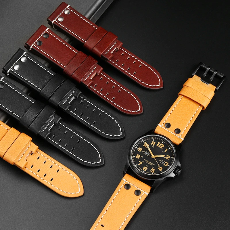 Double breasted cowhide watch strap for Luminox 1879 1920 1921 1925 1927 cowhide watch band 26mm men's Wristband Bracelet  chain