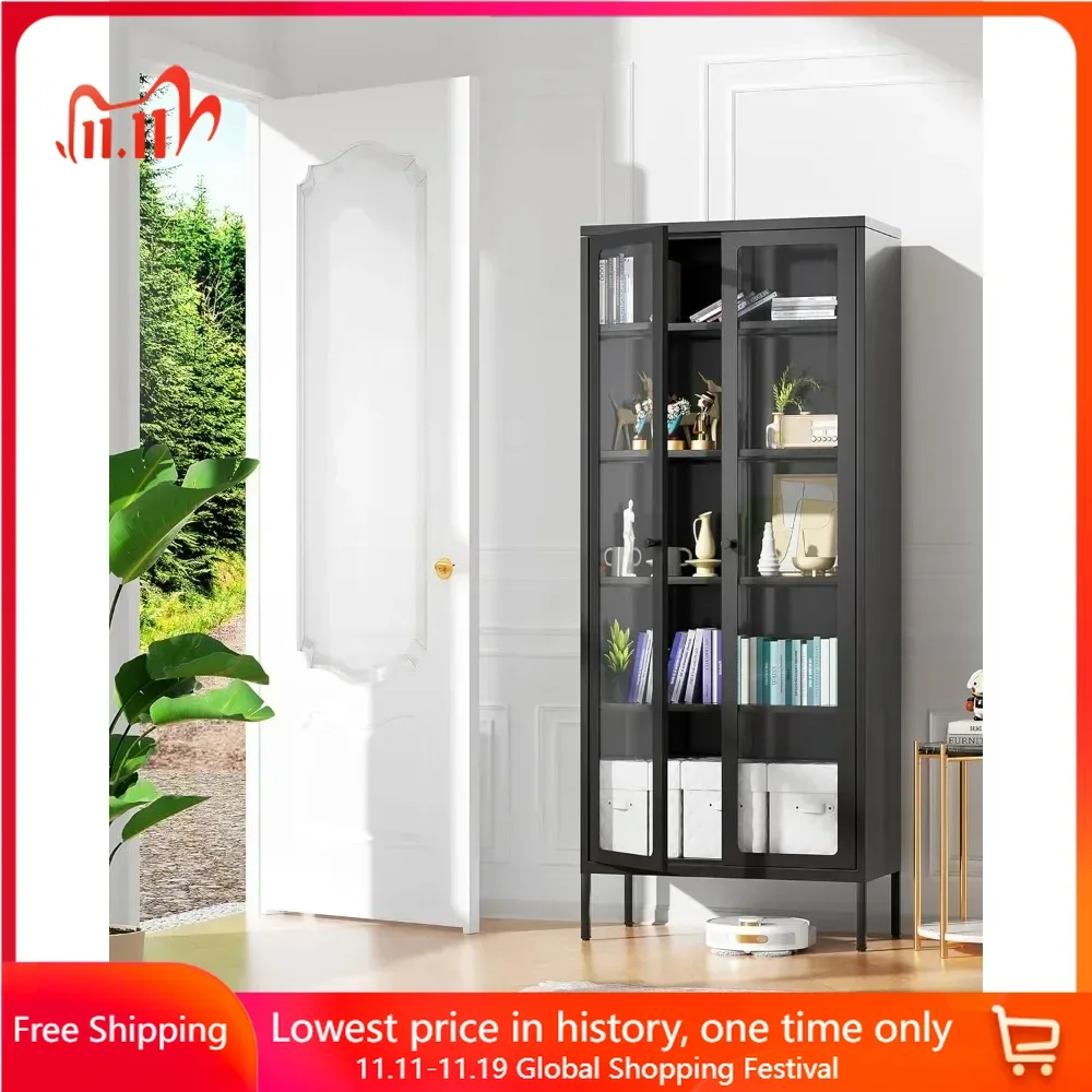 67” Display Cabinet with Glass Doors and 4 Adjustable Shelves, Metal Display Cabinet