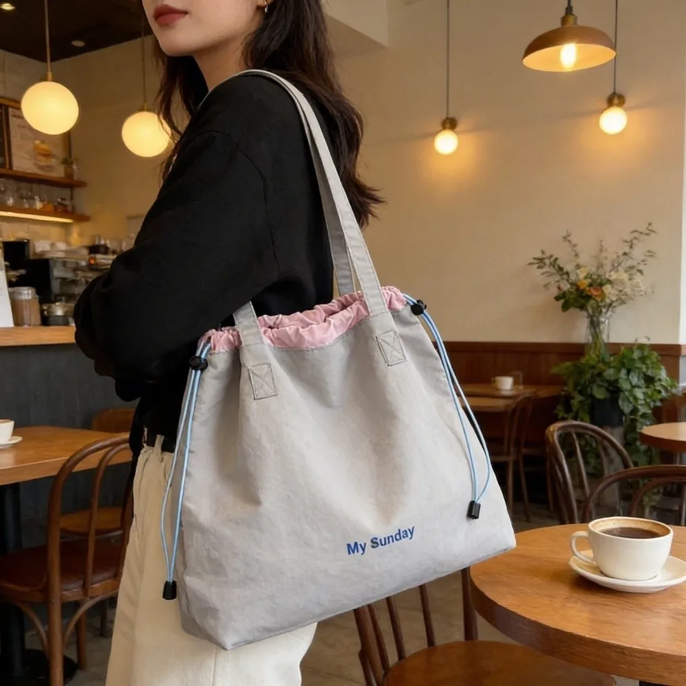 Casual Nylon Drawstring Handbag Square Lightweight Canvas Shoulder Bag Solid Color Large Capacity Crossbody Bag Boys