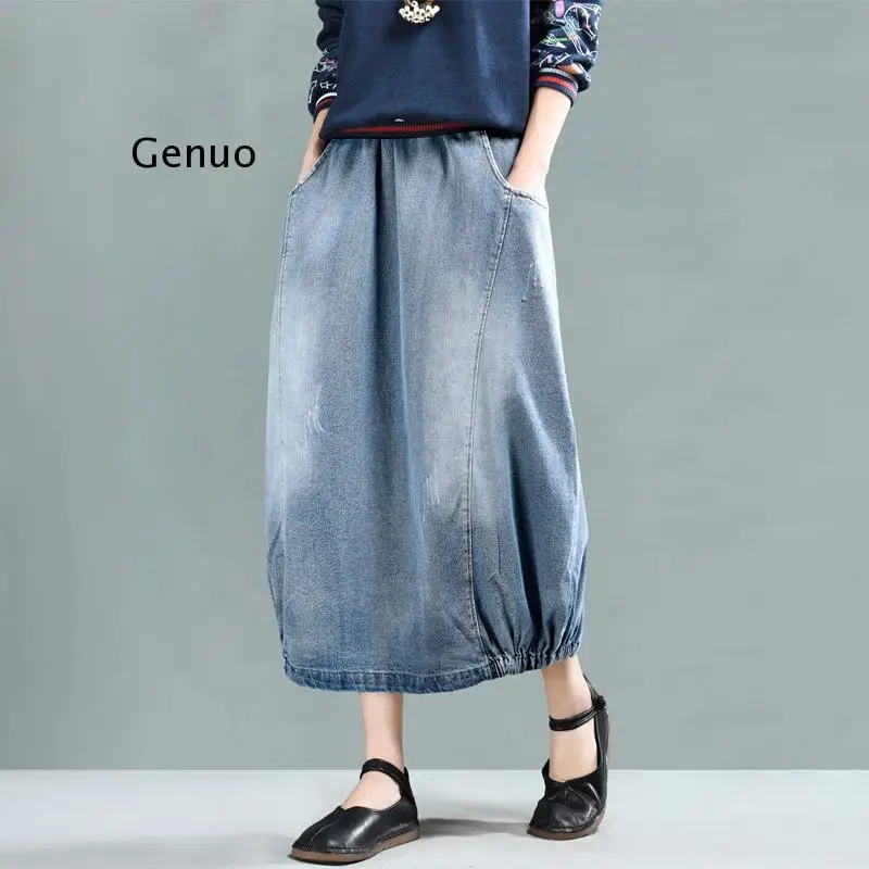 Autumn Long Maxi Jeans Skirts Womens Korean Style Casual Skirt Vintage High Elastic Waist Pocket Button Denim Skirts Oversized