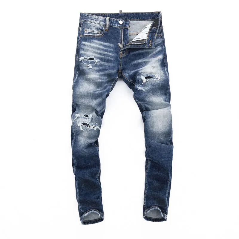 High Street Fashion Men Jeans Retro Blue Stretch Elastic Skinny Fit Patched Ripped Jeans Men Vintage Designer Brand Pants Hombre
