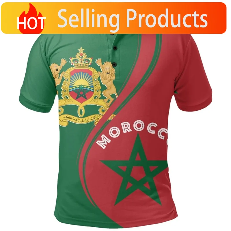 3D Printed Morocco Map Flag Polo Shirts For Men Moroccan National Emblem Pattern Short Sleeves Casual Loose Sport Street Tops