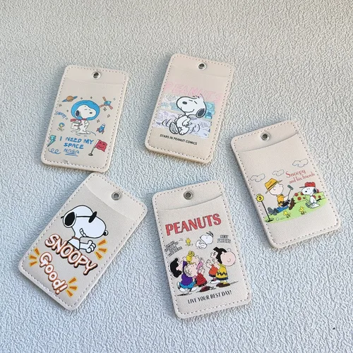 Imagen 2 del producto Portatarjetas Snoopy, doble posición de tarjeta, funda protectora de cuero PU, tarjetero de identificación de autobús de dibujos animados, funda de almacenamiento para tarjetas de campus para estudiantes