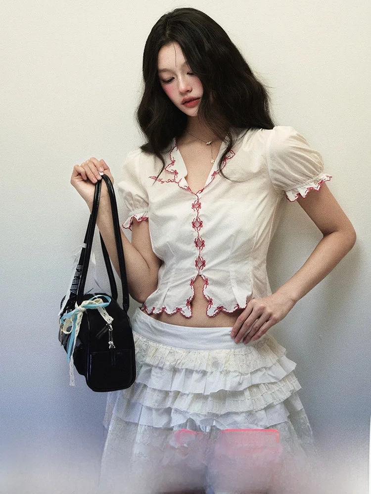 

Белая женская блузка из чистого хлопка с кружевными вставками и V-образным вырезом, оригинальный дизайн P STUDIO, осень-зима