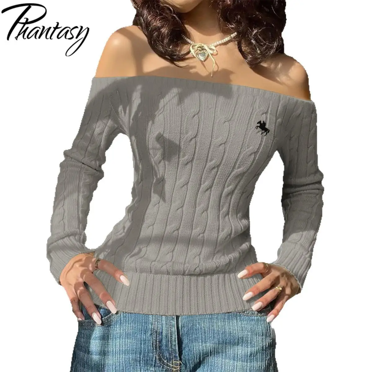 Phantasy Autunno Moda Semplice con spalle scoperte Maglione a maniche lunghe Donna Casual Slim Skinny Pullover Top Maglione minimalista