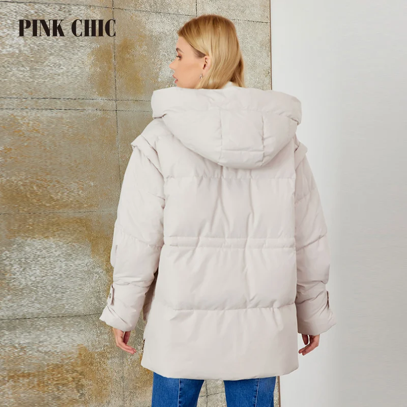 PINK CHIC 2023 New Winter Coat Women Down Jackets High Quality Dark Warm Lace up Hooded short version Parka Female W6651