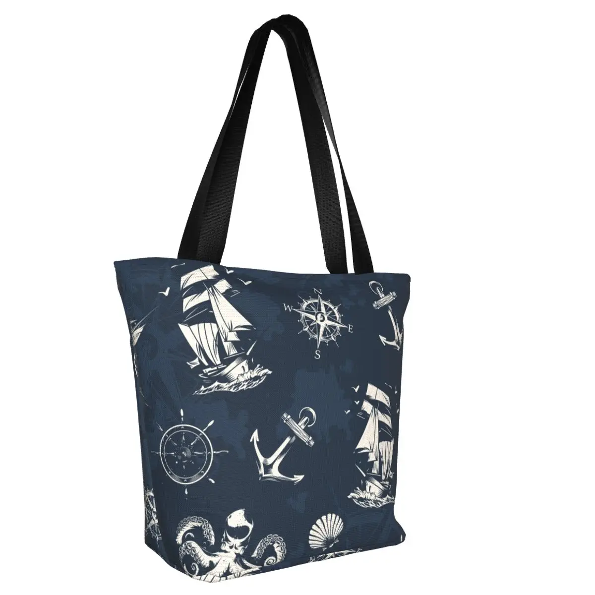 Custom Cute Vintage Nautical Symbol Shopping Tote Bag Reusable Sailor Anchor Compass Grocery Canvas Shopper Shoulder Bag