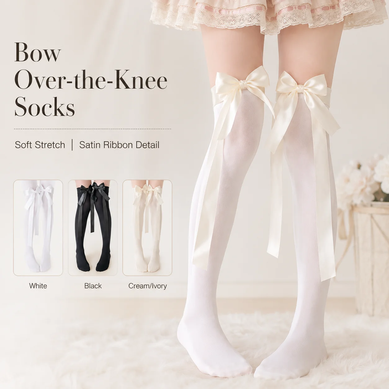 Women Bow Over The Knee Socks Satin Ribbon Thigh High Socks Soft Stretch Long Socks Cute Kawaii Legwear for Cosplay Party Outfit Gift