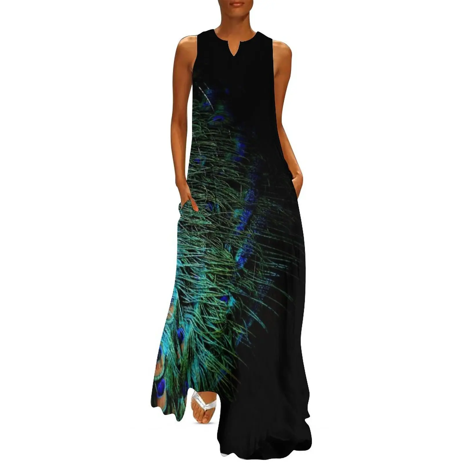 

Peacock feathers on a black background Long Dress dresses for women 2024 luxury designer party elegant women"s sets prom dress