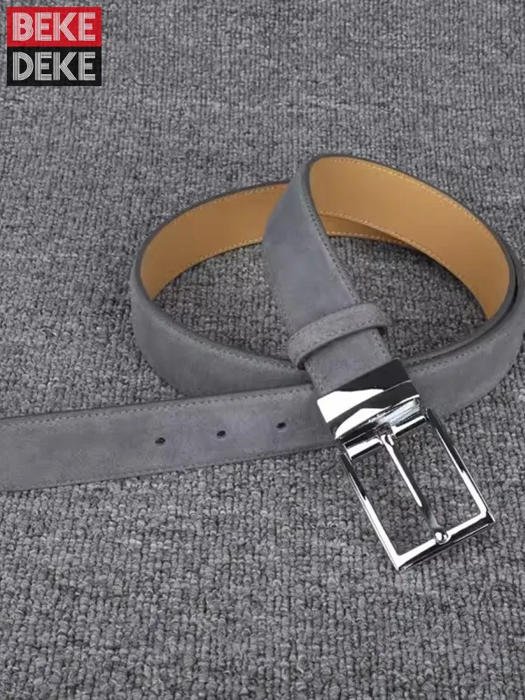 Mens Casual Cow Suede Leather Belt Pin Buckle Strap For Pants Width 3.4cm Waistband Male Belts For Jeans